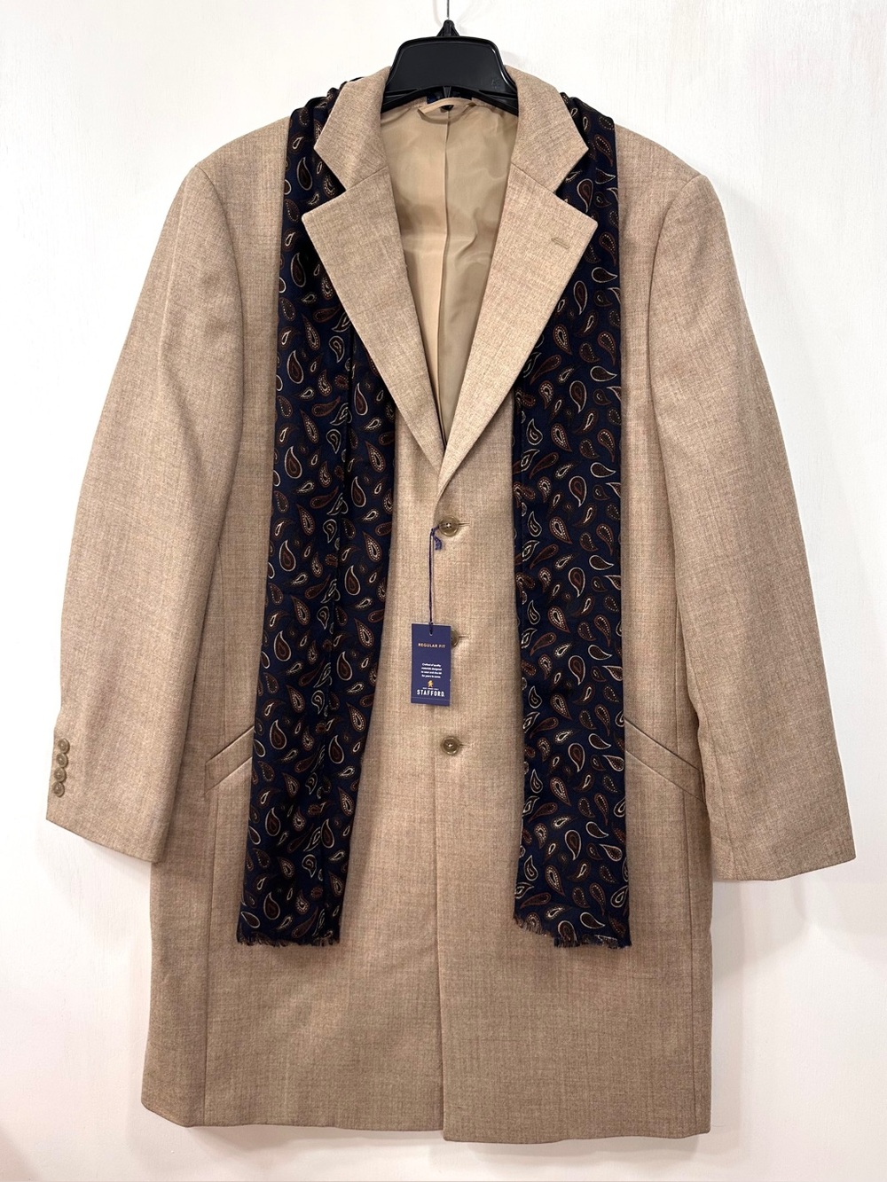 NWT Stafford Mens Sz LARGE 100% Wool Oatmeal Beige Long Coat With Scarf $260